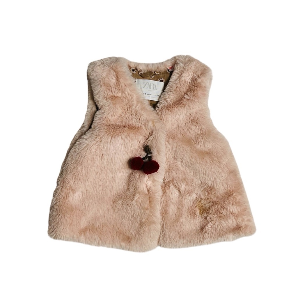 Zara Baby Pink Floral Lined Faux Fur‎ Vest with Cherry Pom-Pom